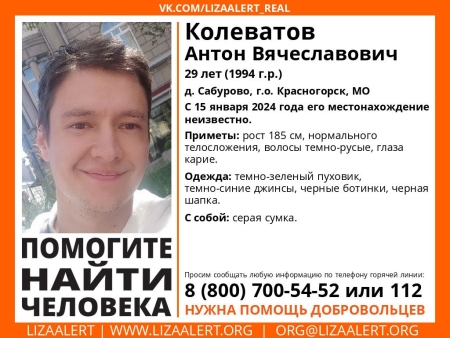 Разыскивается мужчина Колеватов Антон Вячеславович (29 лет), о котором с 15 января 2024 года информации нет.
