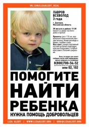 Разыскивается мальчик Лавров Всеволод, 3 года, который 30 августа 2015 года ушел с территории двора в неизвестном направлении и до настоящего времени сведений о его местонахождении нет.