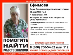 Разыскиваются родные Ефимовой Веры Павловны (~88 лет), которую 14 августа 2018 года обнаружили прохожие в городе Красногорск.