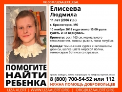 Разыскивается ребенок Елисеева Людмила (11 лет), которая ушла из дома 10 ноября 2018 года и не вернулась.