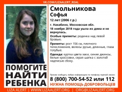 Разыскивается подросток Смольникова Софья Борисовна (12 лет), которая ушла из дома 18 ноября 2018 года и не вернулась.