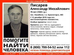 Разыскивается мужчина Писарев Александр Михайлович (79 лет), с 12 декабря 2018 года его местонахождение неизвестно.