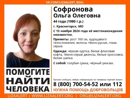 Разыскивается женщина Софронова Ольга Олеговна (44 год), о которой с 13 ноября 2024 года информации нет.